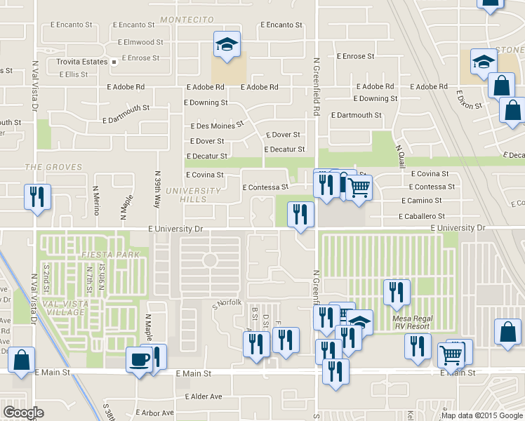 map of restaurants, bars, coffee shops, grocery stores, and more near 4225 East University Drive in Mesa
