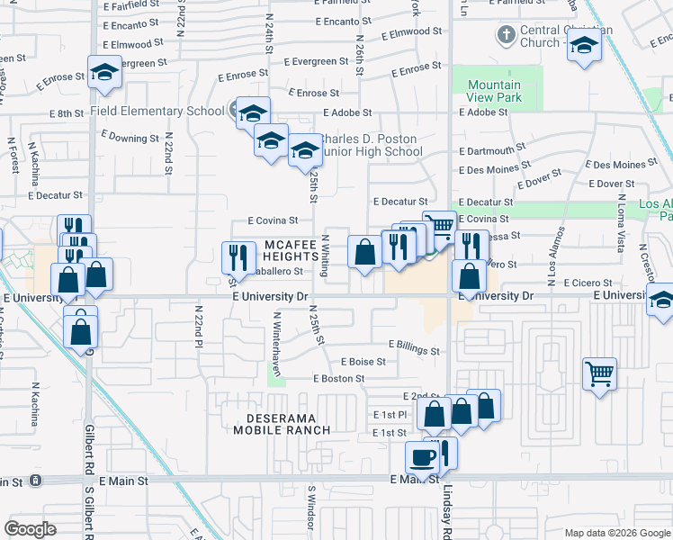 map of restaurants, bars, coffee shops, grocery stores, and more near 420 North Whiting in Mesa