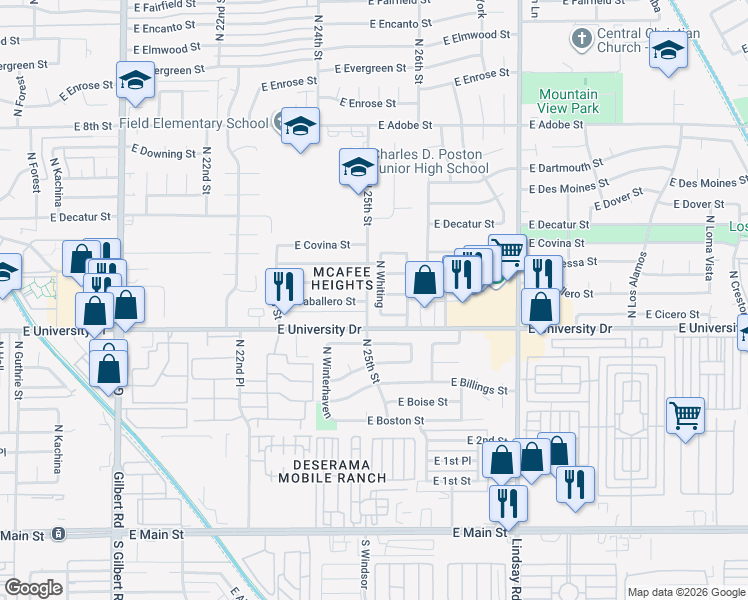map of restaurants, bars, coffee shops, grocery stores, and more near 420 North Whiting in Mesa