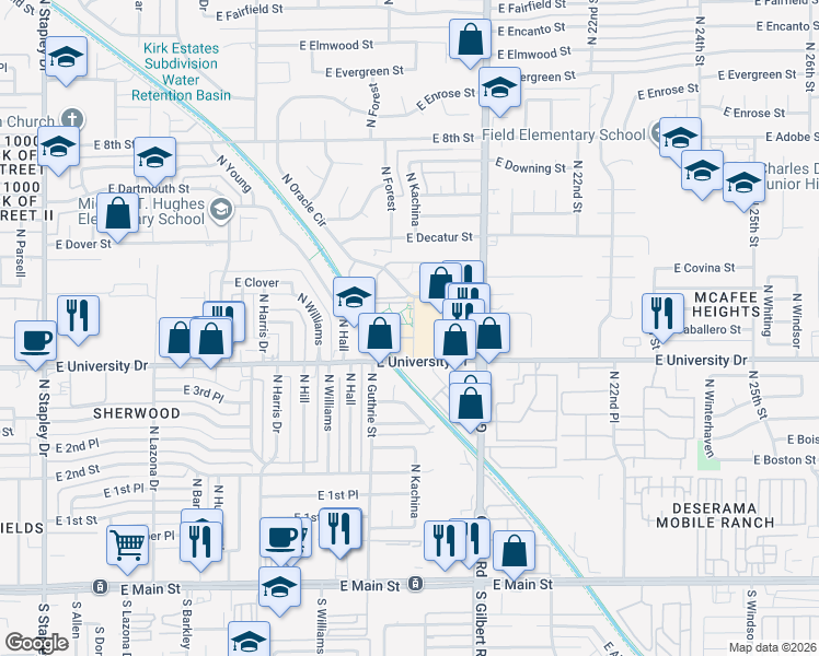 map of restaurants, bars, coffee shops, grocery stores, and more near 1860 East University Drive in Mesa