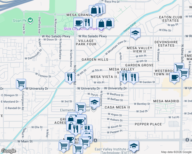map of restaurants, bars, coffee shops, grocery stores, and more near 1853 West 4th Place in Mesa