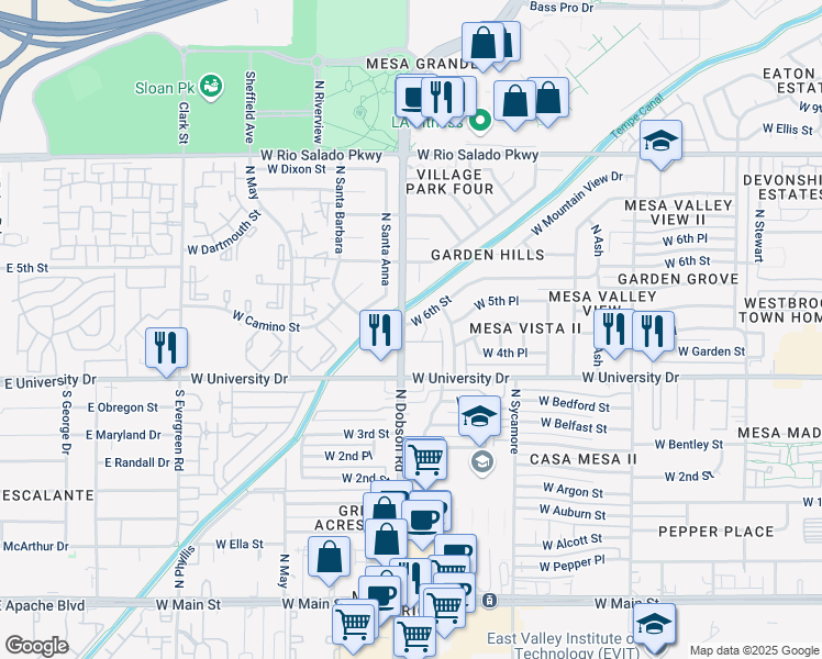 map of restaurants, bars, coffee shops, grocery stores, and more near 442 North Dobson Road in Mesa