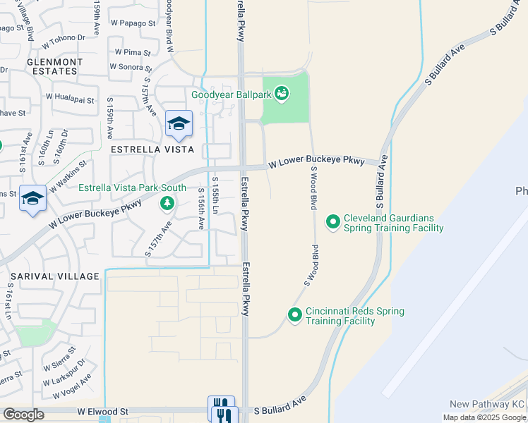 map of restaurants, bars, coffee shops, grocery stores, and more near 2401-2799 South Estrella Parkway in Goodyear