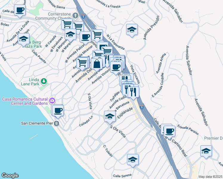 map of restaurants, bars, coffee shops, grocery stores, and more near 223 Avenida Monterey in San Clemente