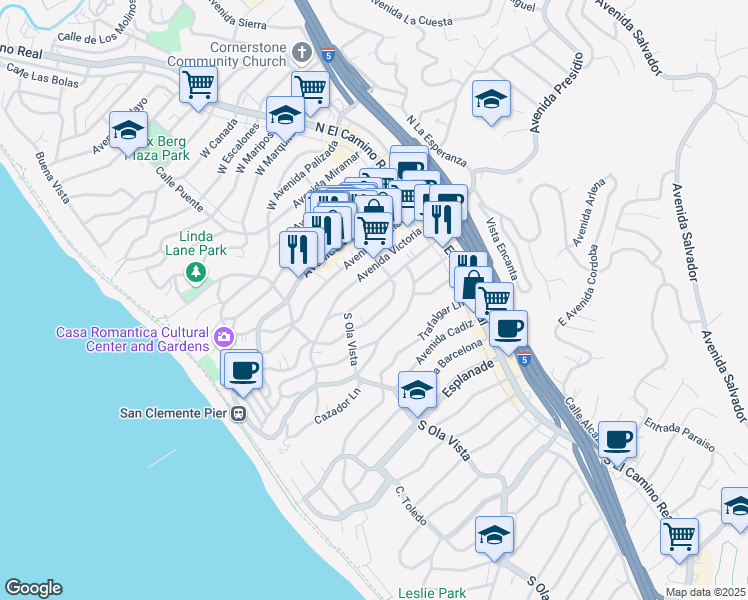 map of restaurants, bars, coffee shops, grocery stores, and more near 231 Avenida Santa Barbara in San Clemente