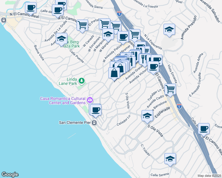 map of restaurants, bars, coffee shops, grocery stores, and more near in San Clemente