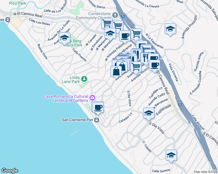 map of restaurants, bars, coffee shops, grocery stores, and more near in San Clemente