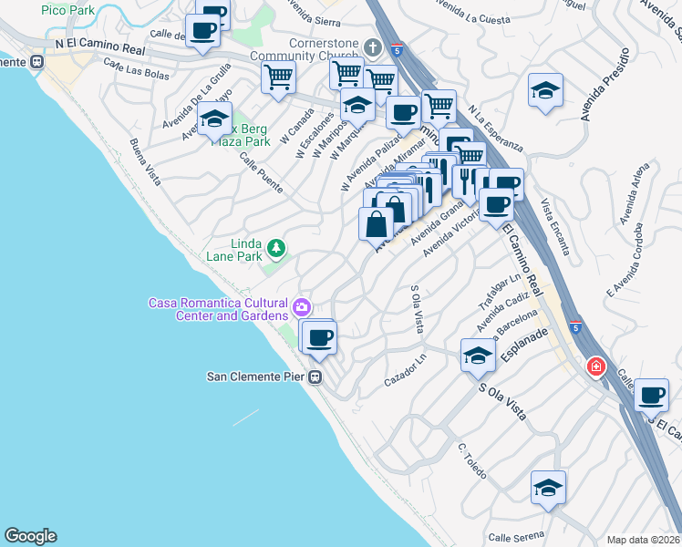 map of restaurants, bars, coffee shops, grocery stores, and more near in San Clemente