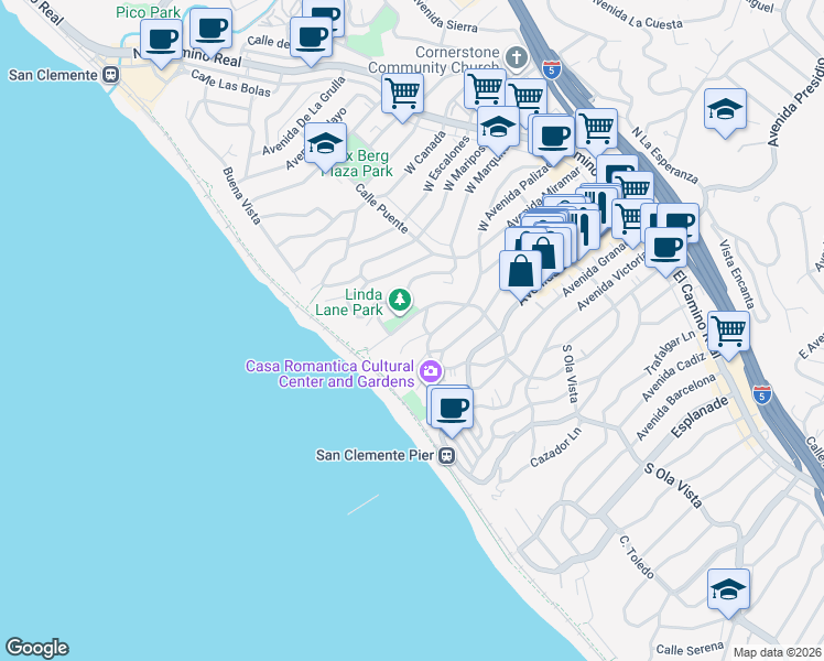 map of restaurants, bars, coffee shops, grocery stores, and more near 409 Arenoso Lane in San Clemente