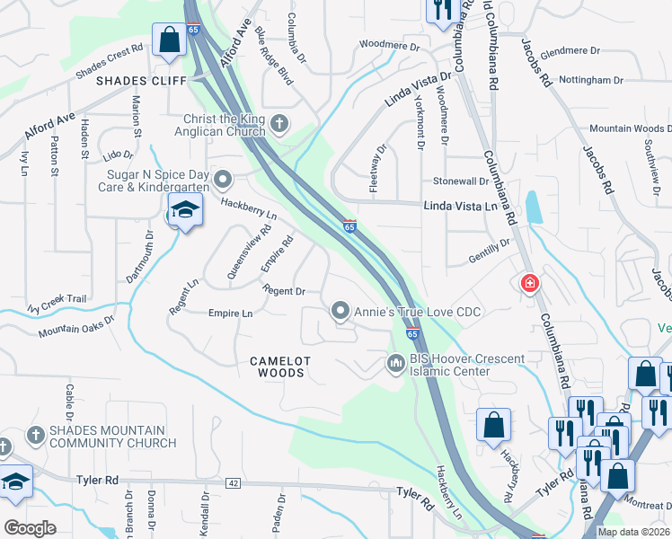 map of restaurants, bars, coffee shops, grocery stores, and more near 1209 Edinborough Lane in Vestavia Hills