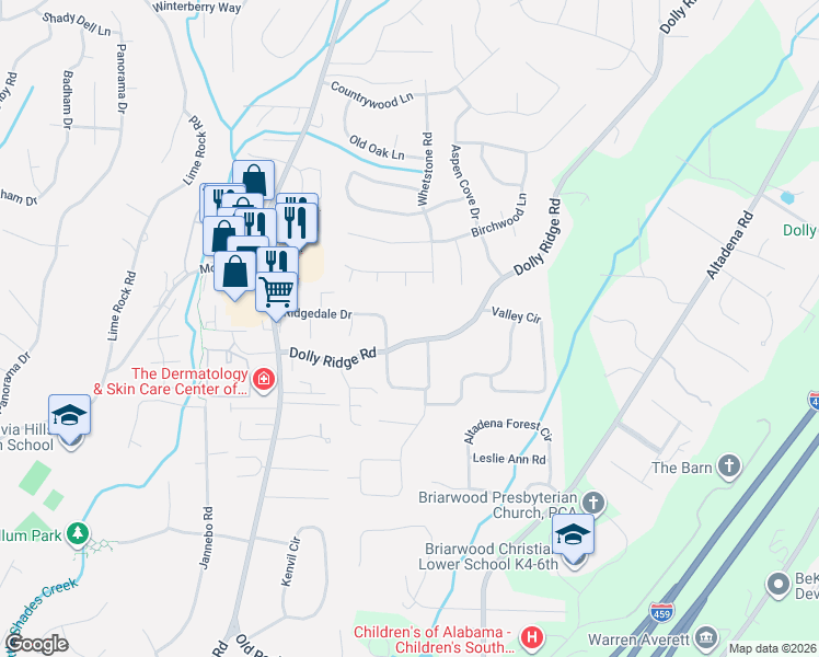 map of restaurants, bars, coffee shops, grocery stores, and more near 2501 Dolly Ridge Road in Vestavia Hills