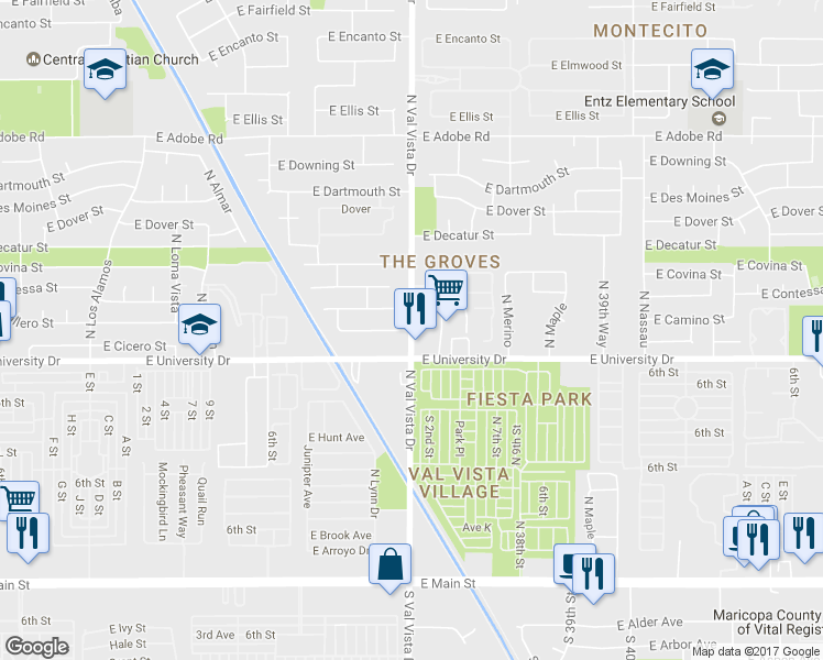 map of restaurants, bars, coffee shops, grocery stores, and more near N Val Vista Dr & E Caballero St in Mesa