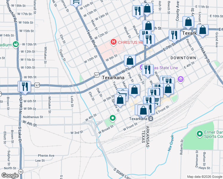 map of restaurants, bars, coffee shops, grocery stores, and more near 515 West 6th Street in Texarkana