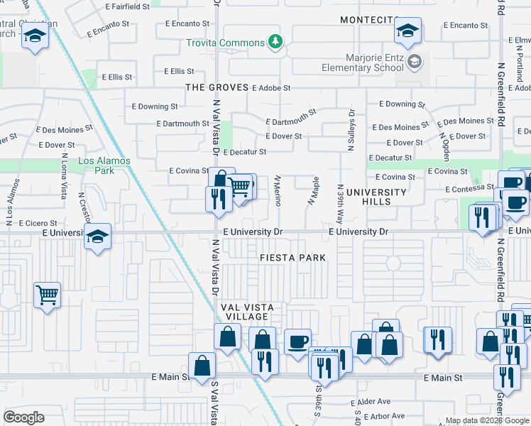 map of restaurants, bars, coffee shops, grocery stores, and more near 3716 East University Drive in Mesa