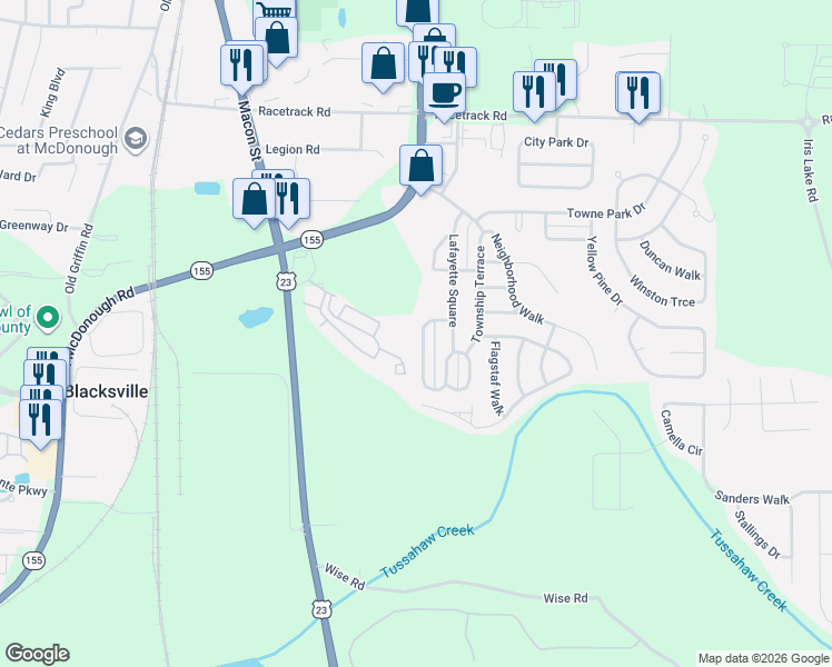 map of restaurants, bars, coffee shops, grocery stores, and more near 1620 New Orleans Way in McDonough