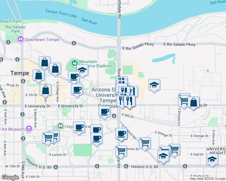 map of restaurants, bars, coffee shops, grocery stores, and more near 707 East 6th Street in Tempe