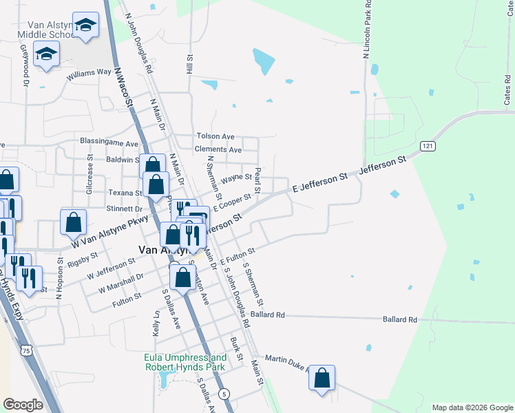 map of restaurants, bars, coffee shops, grocery stores, and more near 865 East Jefferson Street in Van Alstyne