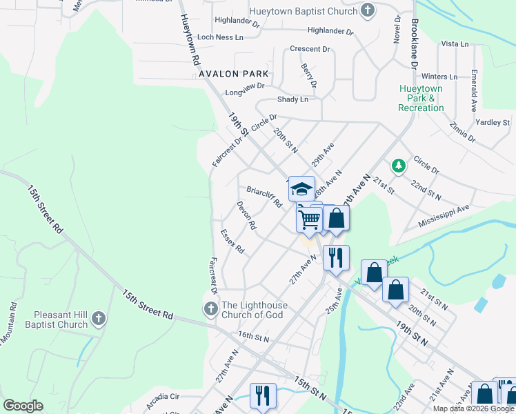 map of restaurants, bars, coffee shops, grocery stores, and more near 1830 Edgehill Drive in Hueytown