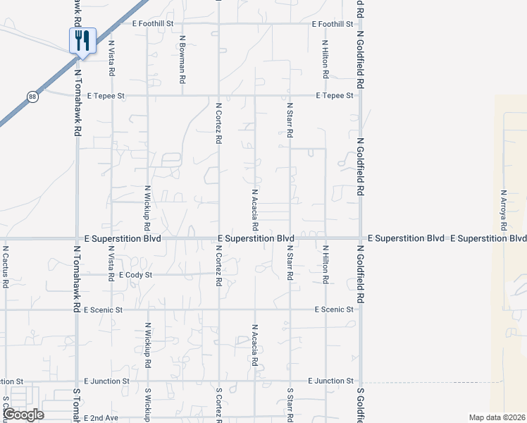 map of restaurants, bars, coffee shops, grocery stores, and more near 2650 East Superstition Boulevard in Apache Junction