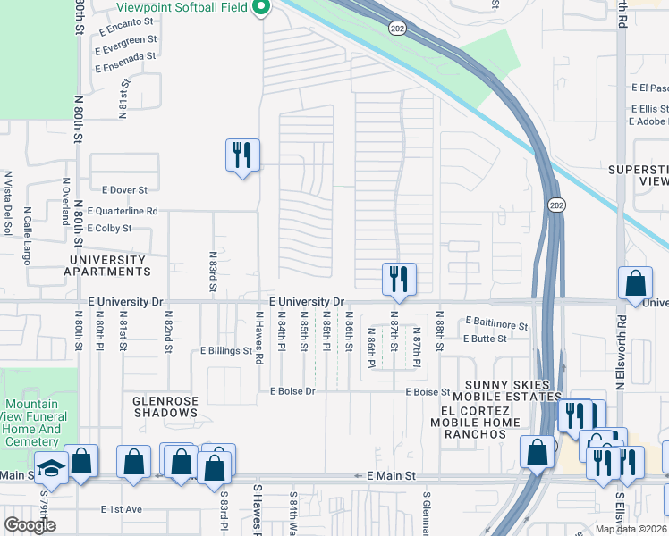 map of restaurants, bars, coffee shops, grocery stores, and more near Ln 2800 in Mesa