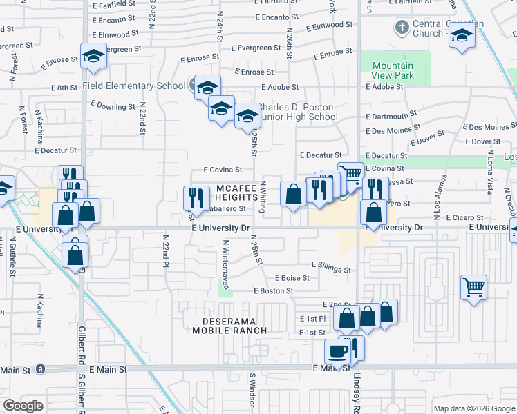 map of restaurants, bars, coffee shops, grocery stores, and more near 420 North Whiting in Mesa