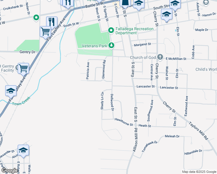 map of restaurants, bars, coffee shops, grocery stores, and more near 731 Pinehurst Drive in Talladega