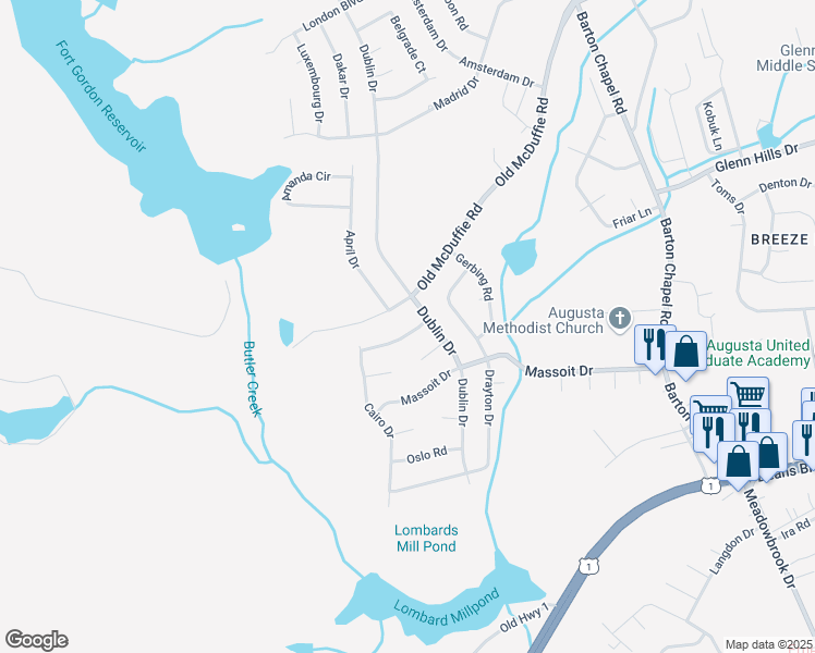 map of restaurants, bars, coffee shops, grocery stores, and more near 3705 Stockholm Drive in Augusta