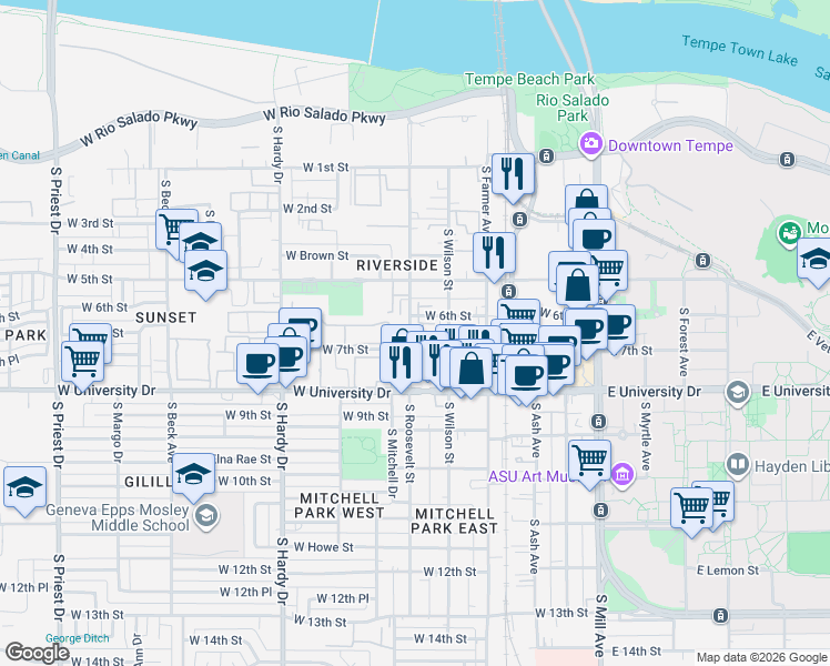 map of restaurants, bars, coffee shops, grocery stores, and more near 550 West 6th Street in Tempe