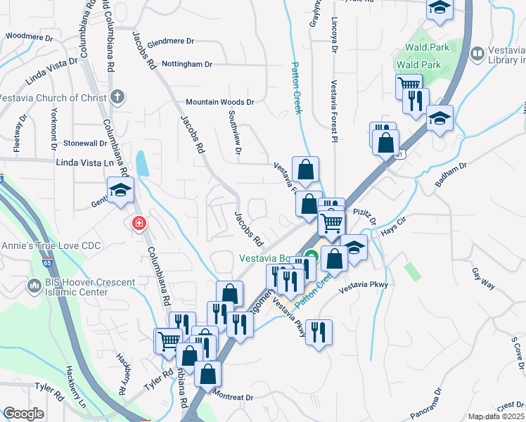 map of restaurants, bars, coffee shops, grocery stores, and more near 1827 Arboretum Circle in Vestavia Hills