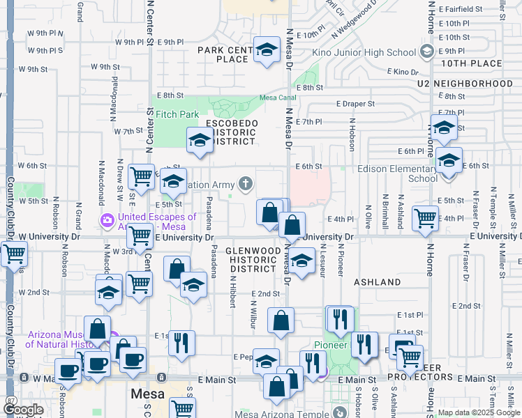 map of restaurants, bars, coffee shops, grocery stores, and more near 460 North Mesa Drive in Mesa