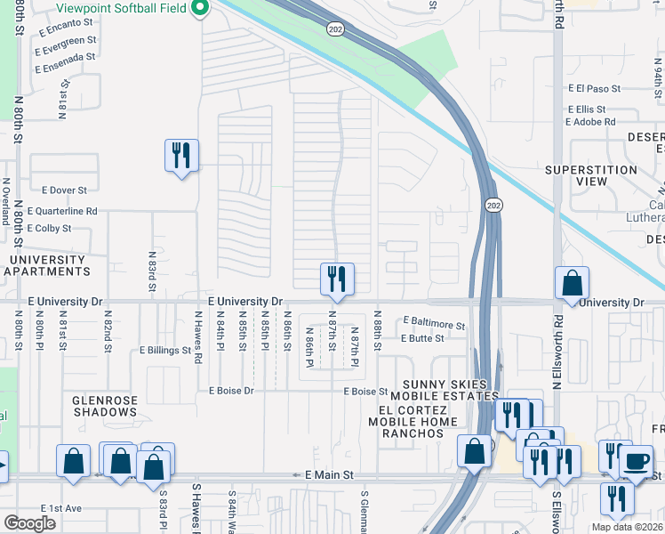 map of restaurants, bars, coffee shops, grocery stores, and more near East Viewpoint Trailer Resort in Mesa