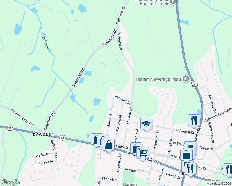 map of restaurants, bars, coffee shops, grocery stores, and more near 590 Hillcrest Street in Harlem