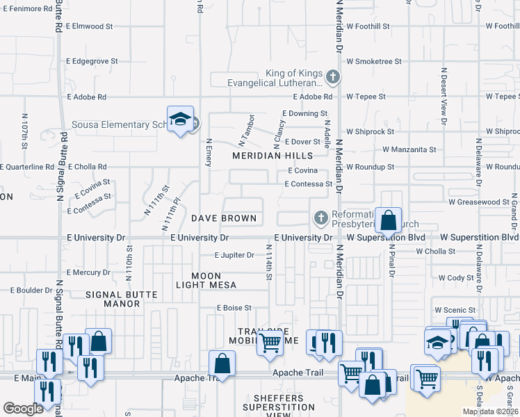 map of restaurants, bars, coffee shops, grocery stores, and more near 465 North 113th Way in Mesa
