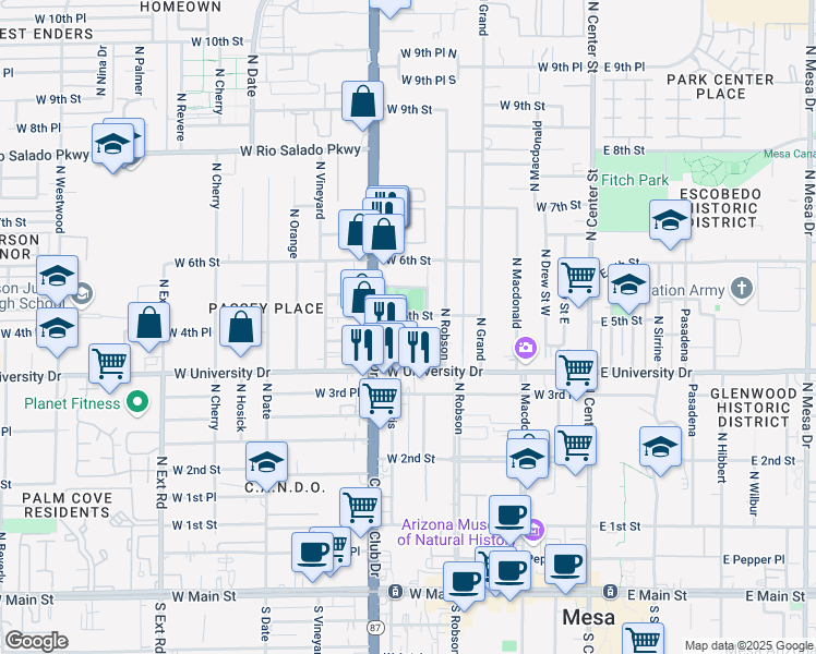 map of restaurants, bars, coffee shops, grocery stores, and more near 328 West 5th Street in Mesa