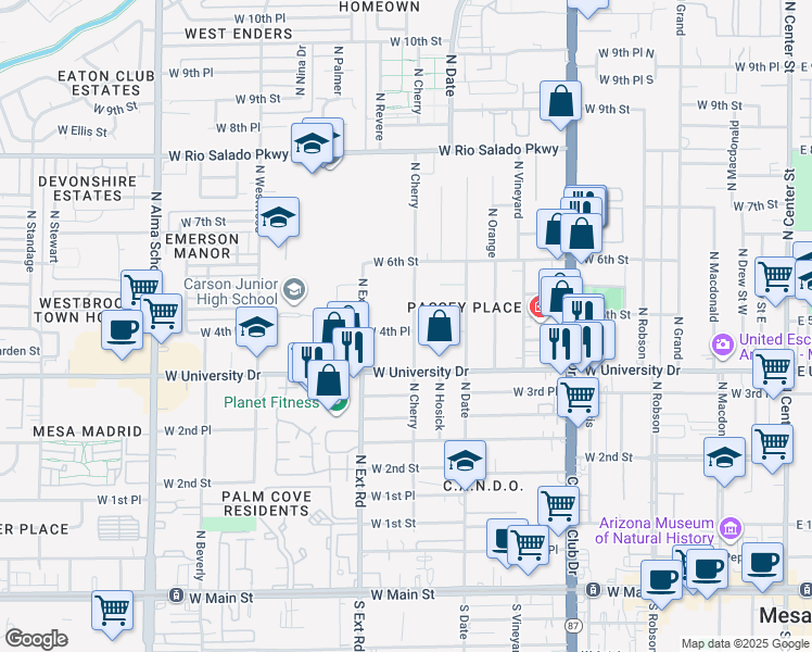 map of restaurants, bars, coffee shops, grocery stores, and more near 525 North Cherry in Mesa