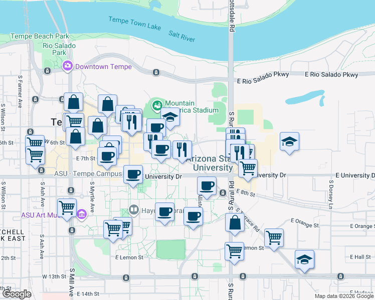 map of restaurants, bars, coffee shops, grocery stores, and more near 601 East 6th Street in Tempe
