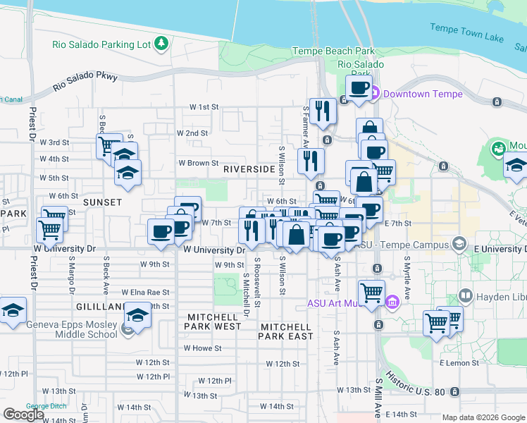 map of restaurants, bars, coffee shops, grocery stores, and more near 550 West 6th Street in Tempe