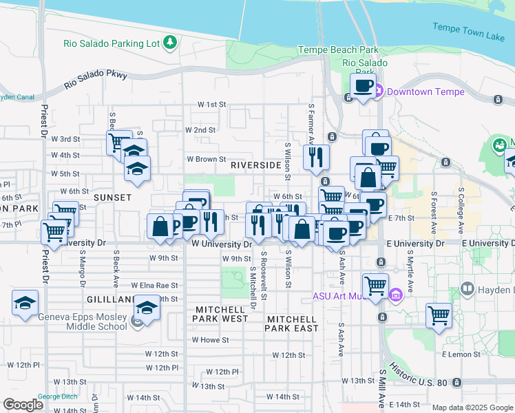 map of restaurants, bars, coffee shops, grocery stores, and more near 601 West 5th Street in Tempe