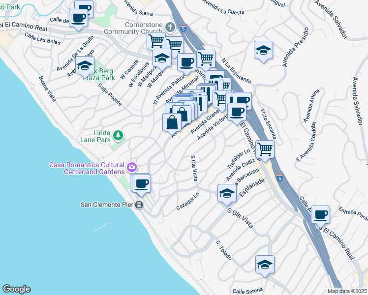 map of restaurants, bars, coffee shops, grocery stores, and more near 240 Avenida Granada in San Clemente