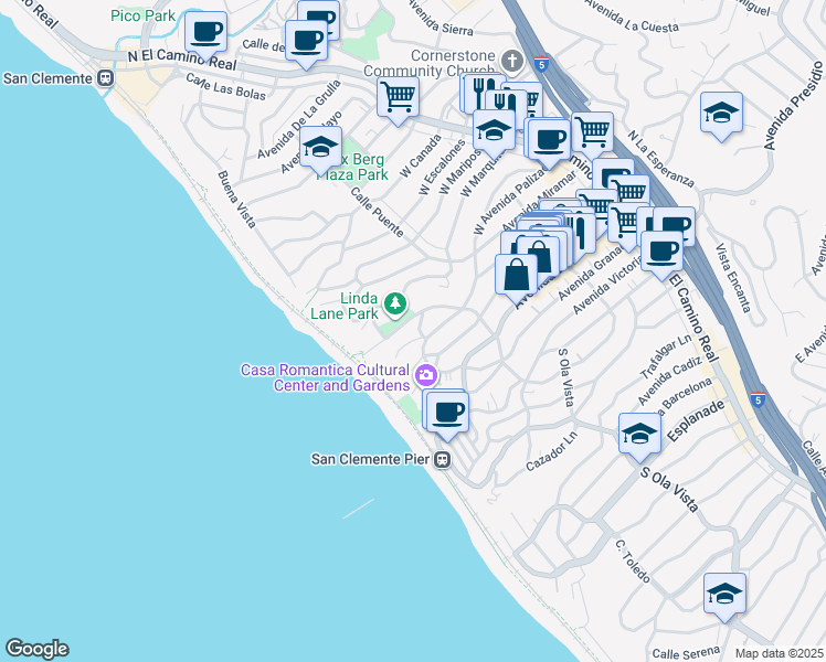 map of restaurants, bars, coffee shops, grocery stores, and more near 332 Encino Lane in San Clemente