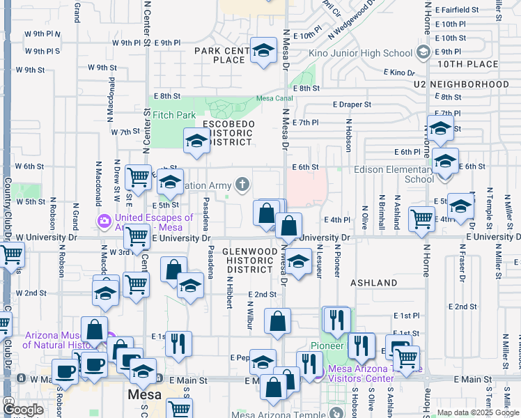 map of restaurants, bars, coffee shops, grocery stores, and more near 460 N Mesa Dr in Mesa