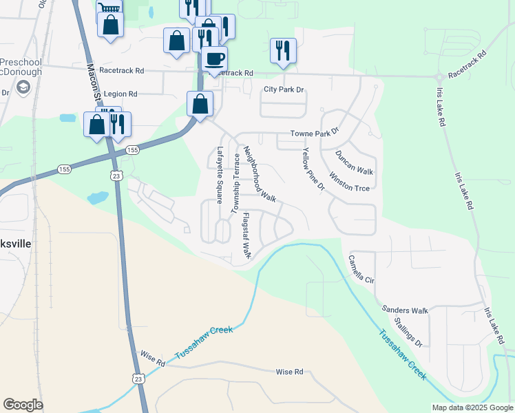 map of restaurants, bars, coffee shops, grocery stores, and more near 2090 Tussahaw Crossing in McDonough