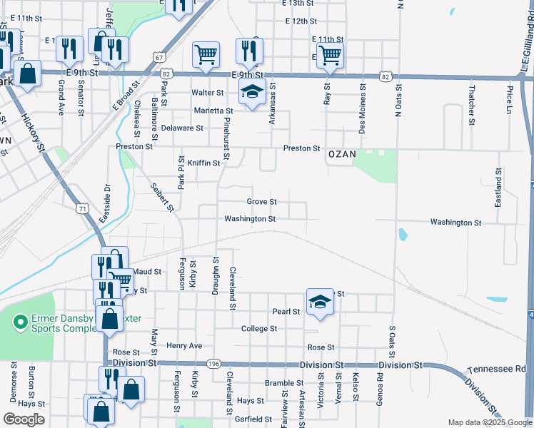 map of restaurants, bars, coffee shops, grocery stores, and more near 2203 Grove Street in Texarkana