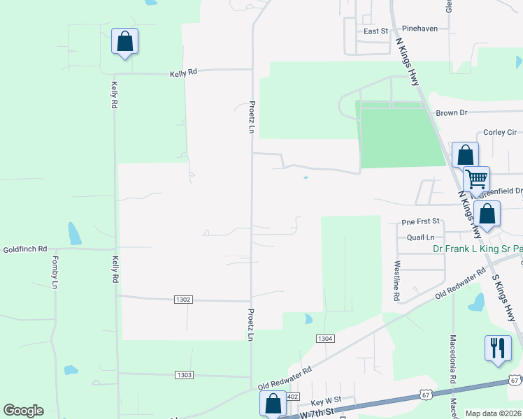 map of restaurants, bars, coffee shops, grocery stores, and more near 1425 Proetz Lane in Texarkana