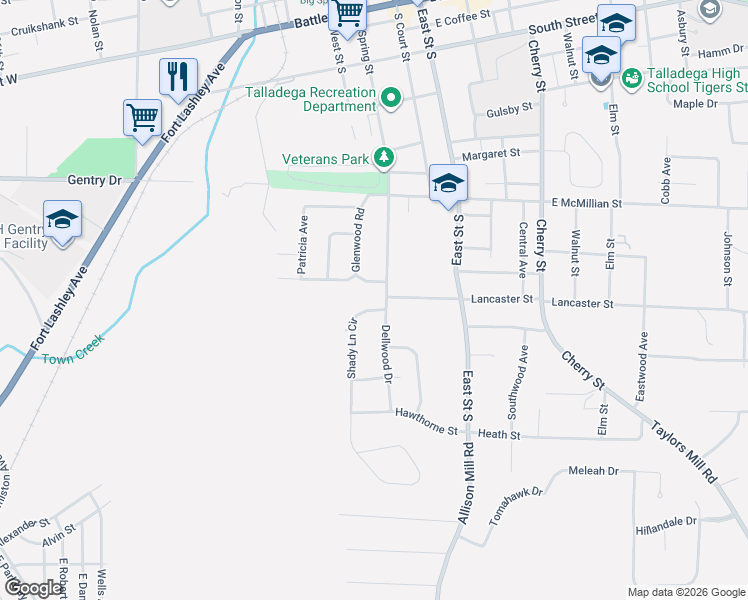 map of restaurants, bars, coffee shops, grocery stores, and more near 731 Pinehurst Drive in Talladega