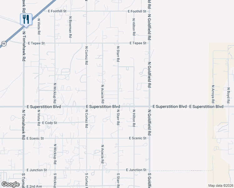 map of restaurants, bars, coffee shops, grocery stores, and more near 1050 North Starr Road in Apache Junction