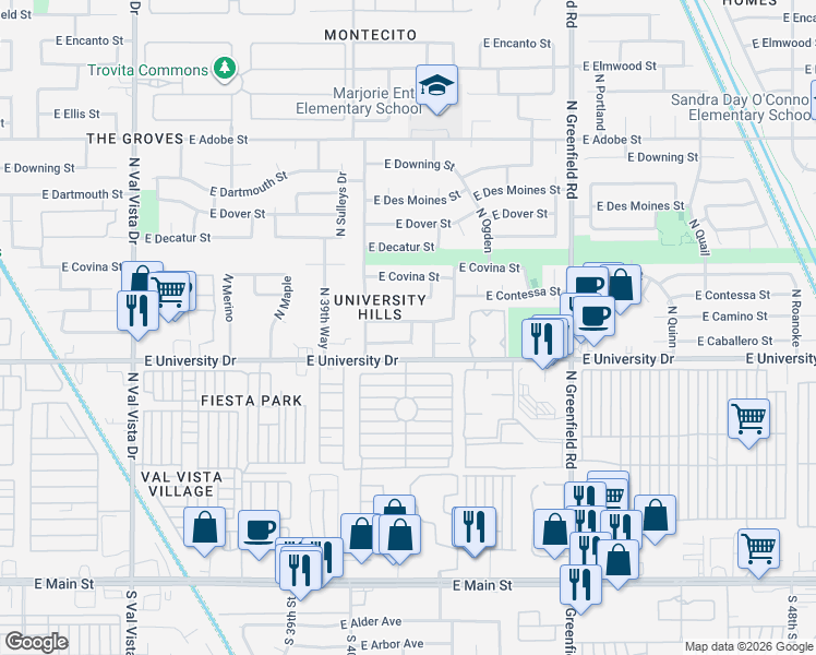 map of restaurants, bars, coffee shops, grocery stores, and more near 4117 East Contessa Street in Mesa