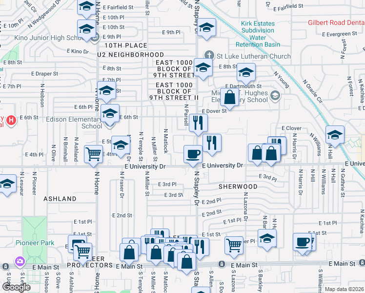 map of restaurants, bars, coffee shops, grocery stores, and more near 520 North Stapley Drive in Mesa