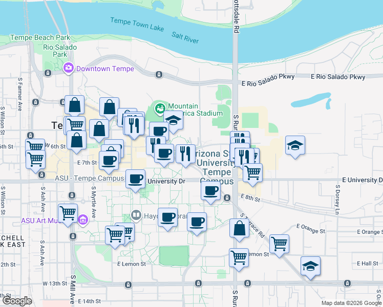 map of restaurants, bars, coffee shops, grocery stores, and more near 601 East 6th Street in Tempe