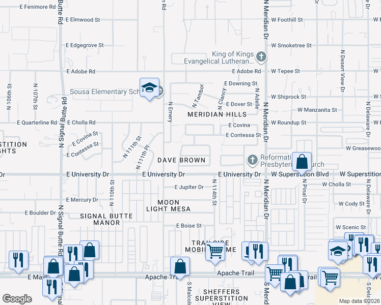 map of restaurants, bars, coffee shops, grocery stores, and more near 11312 East Camino Street in Mesa